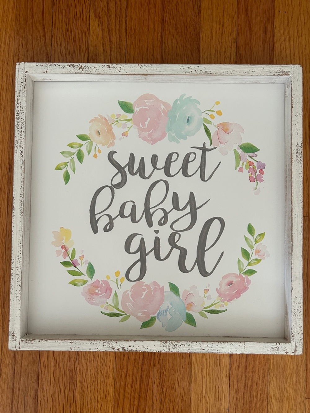 Sweet Baby Girl Floral Wall Sign - White Frame